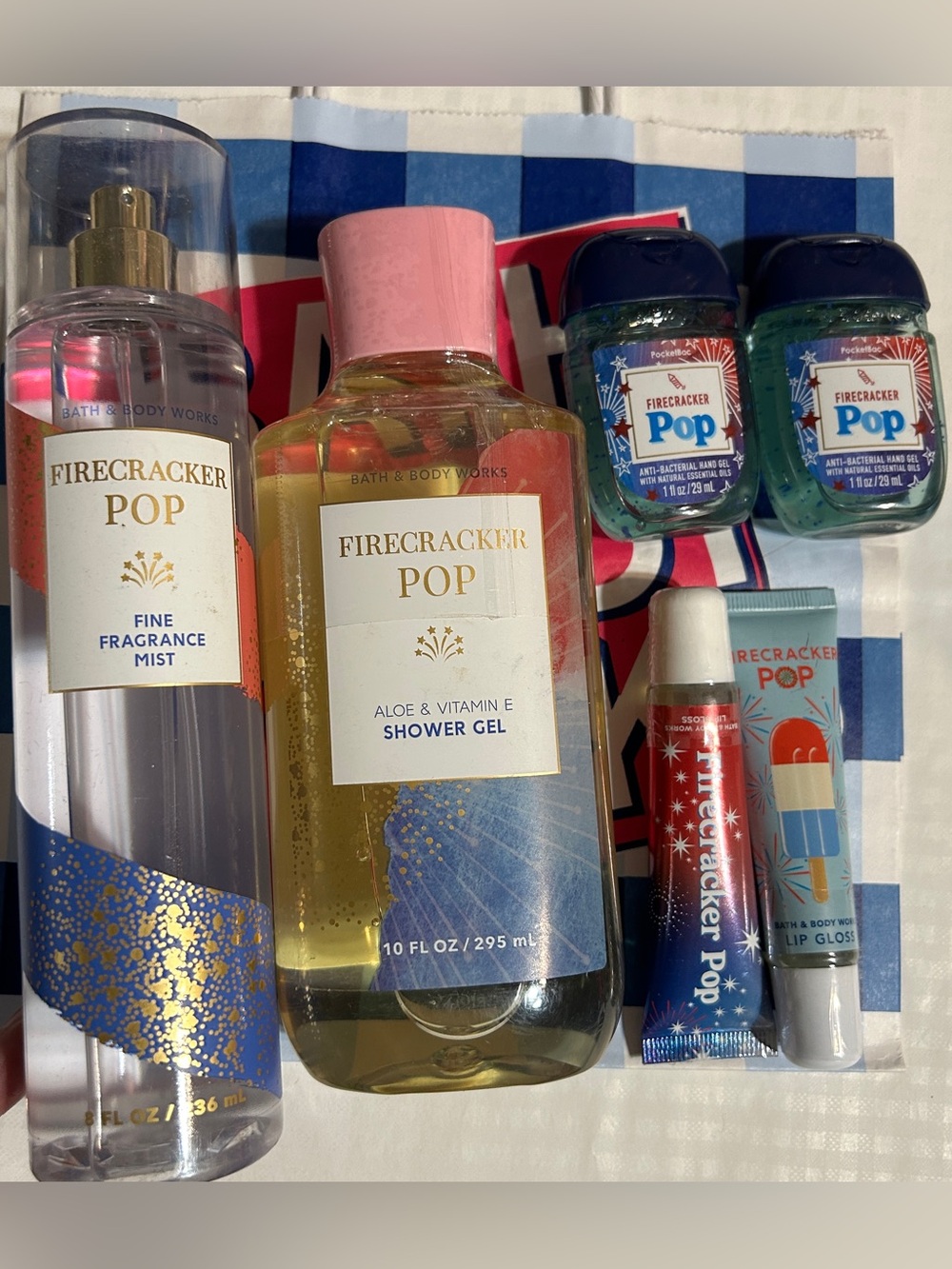 Bath & Body Works Firecracker Pop Mist Shower Gel , Lip Gloss & Sani’s